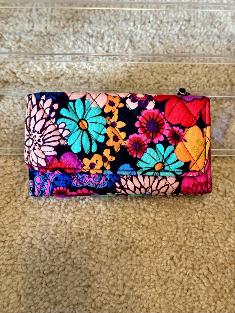Vera Bradley Black Floral Quilted Wallet with Turquoise, Pink & Orange Accents
